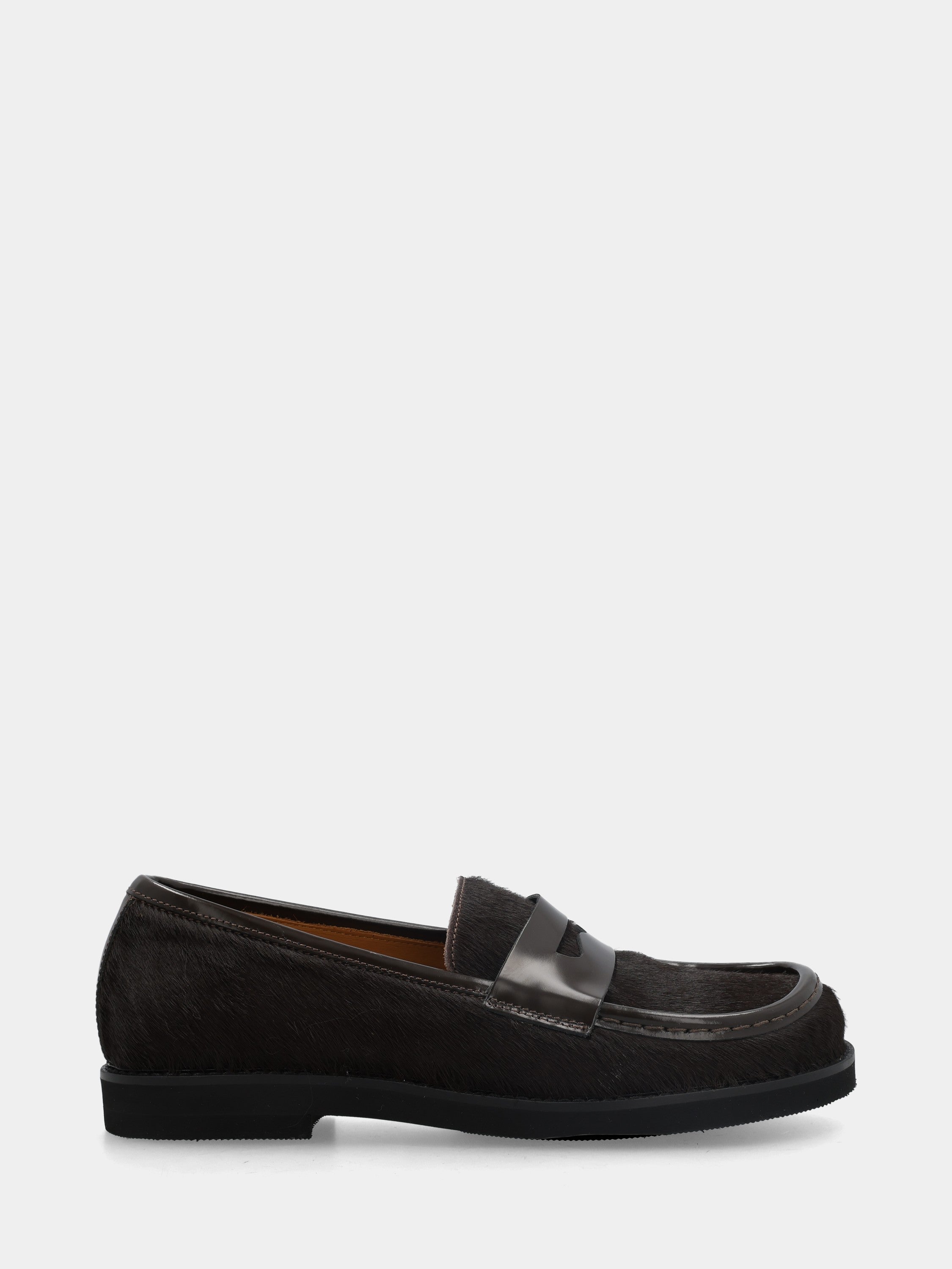 Mocassin en cuir façon poulain marron foncé avec masque en forme de bouche de lion