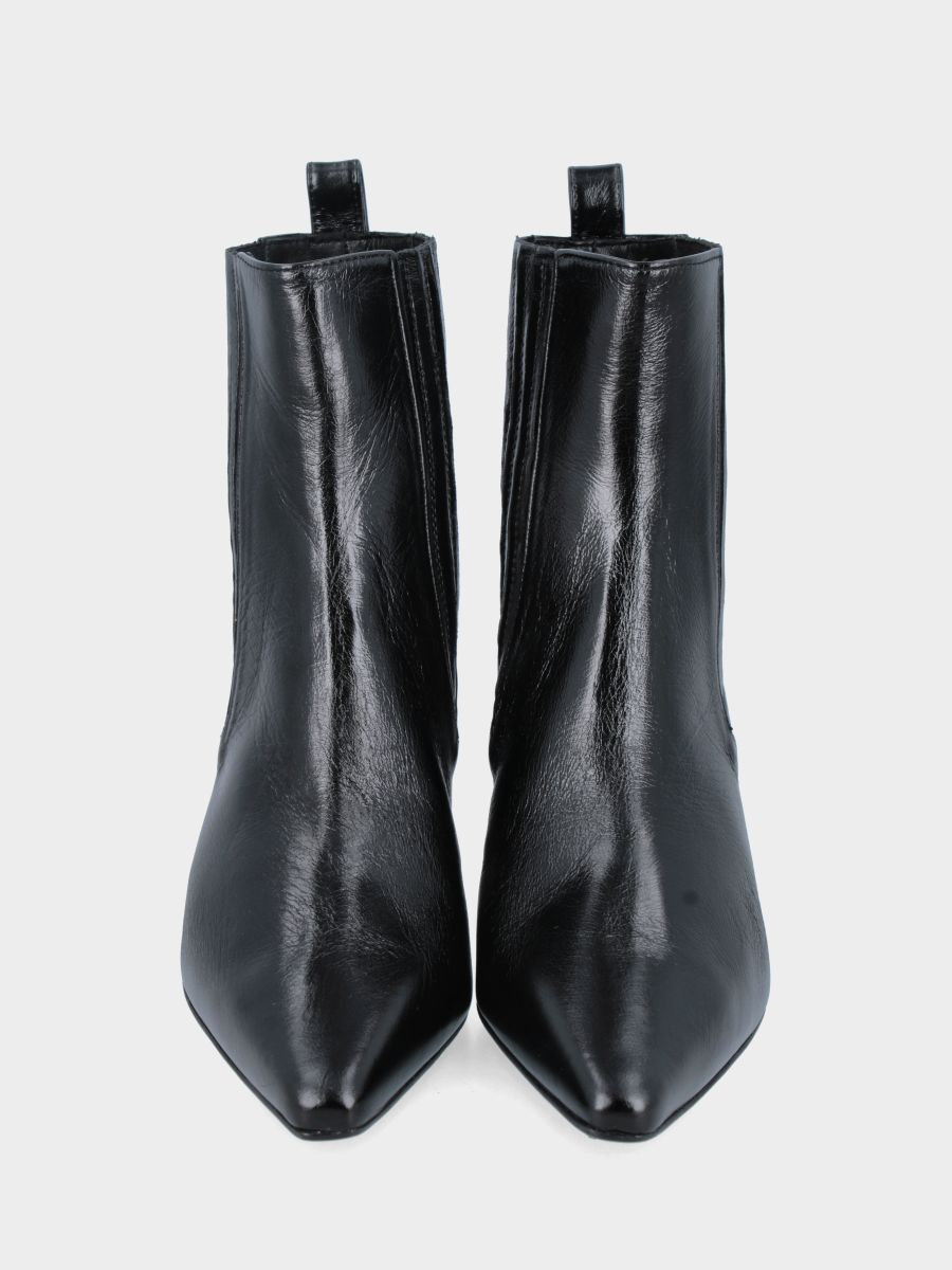Bottine en verni miroir noir avec talon aiguille et élastiques enveloppants