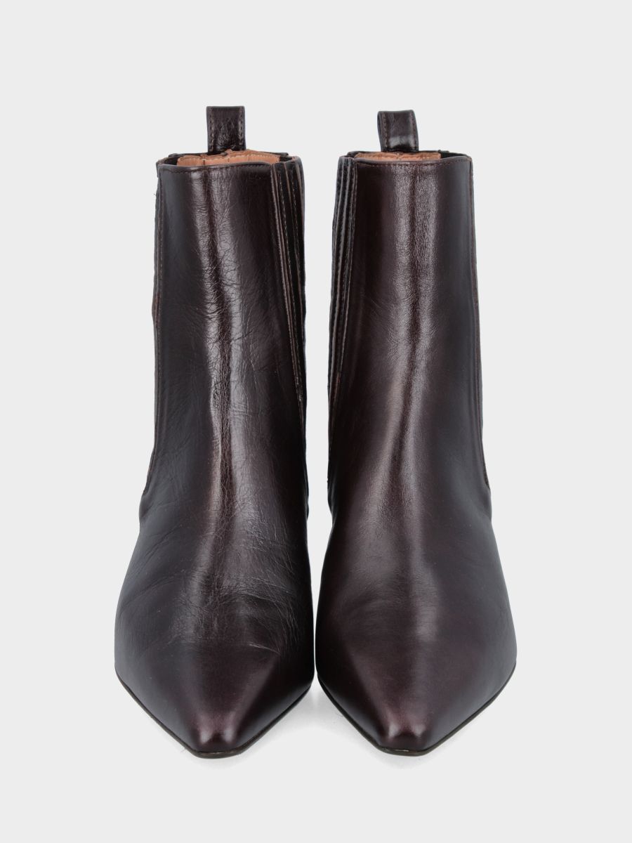 Bottine en verni miroir marron foncé avec talon effilé et élastiques enveloppants