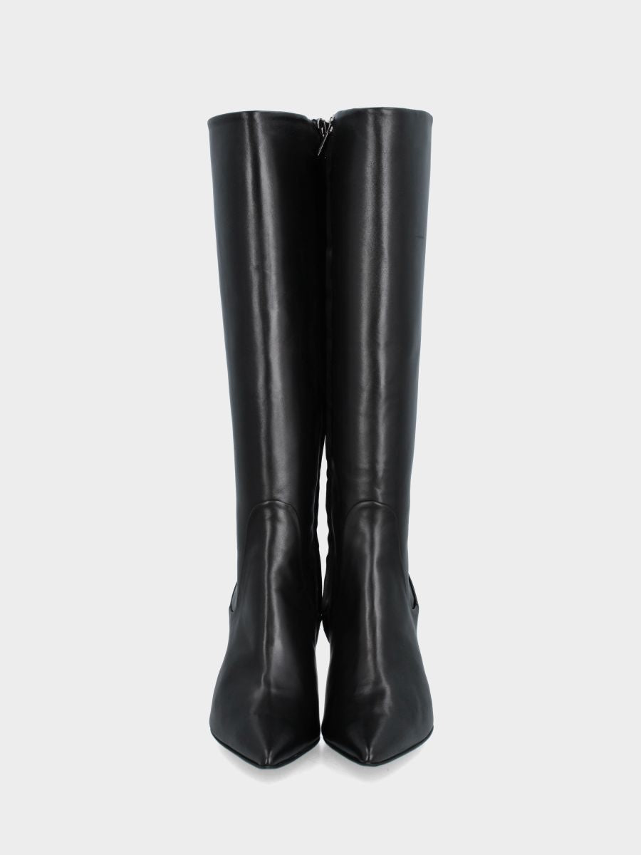 Botte en nappa noire avec talon aiguille en forme de calice