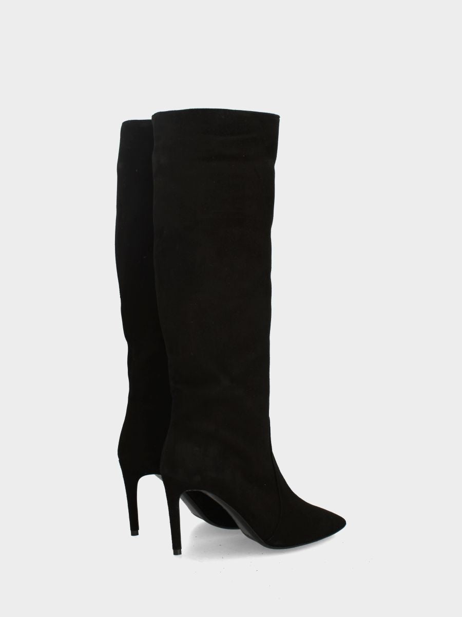 Schwarzer Wildlederstiefel mit spitzem Stilettoabsatz