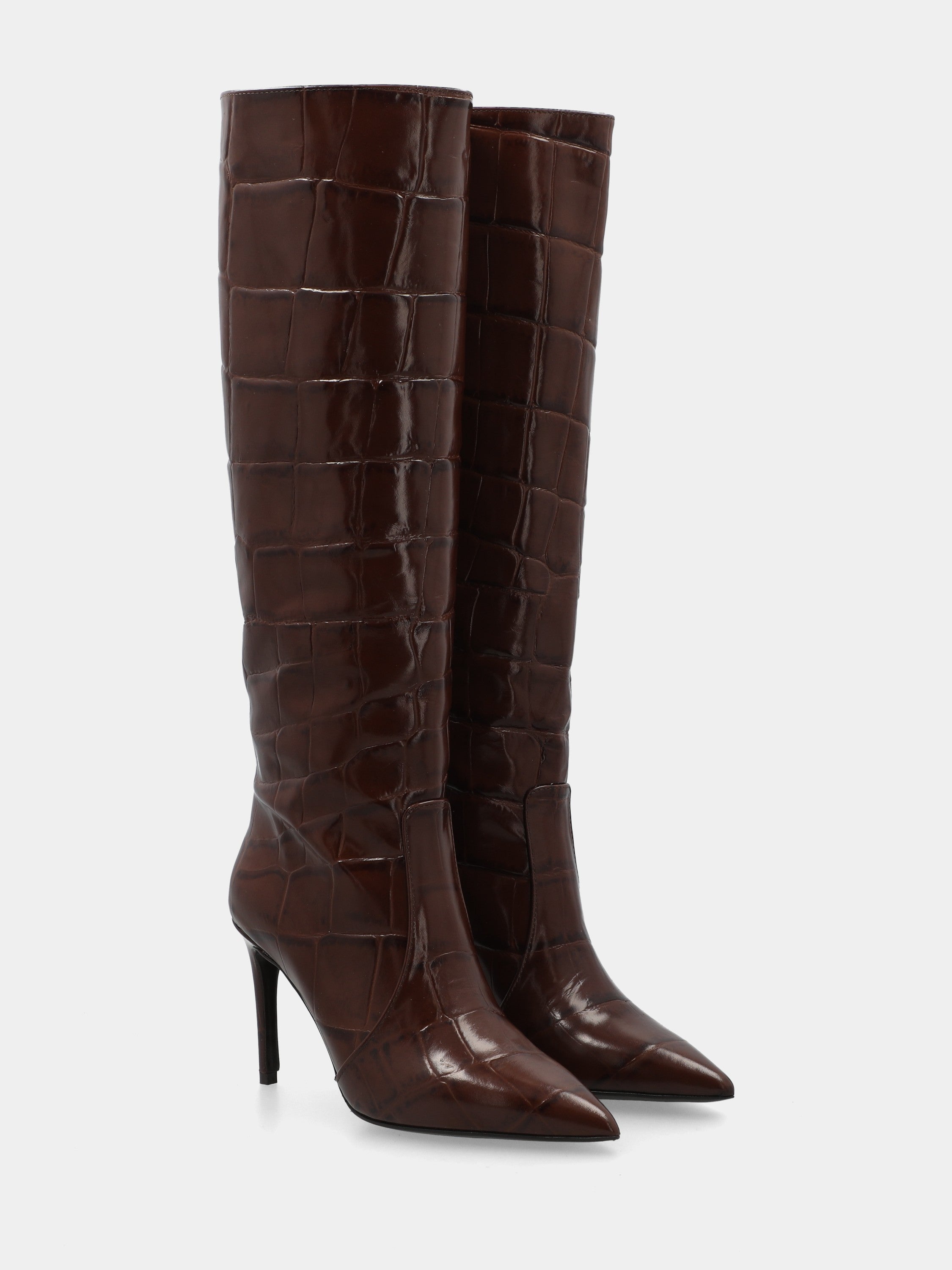Botte en veau façon crocodile marron avec talon aiguille de 90 mm en queue