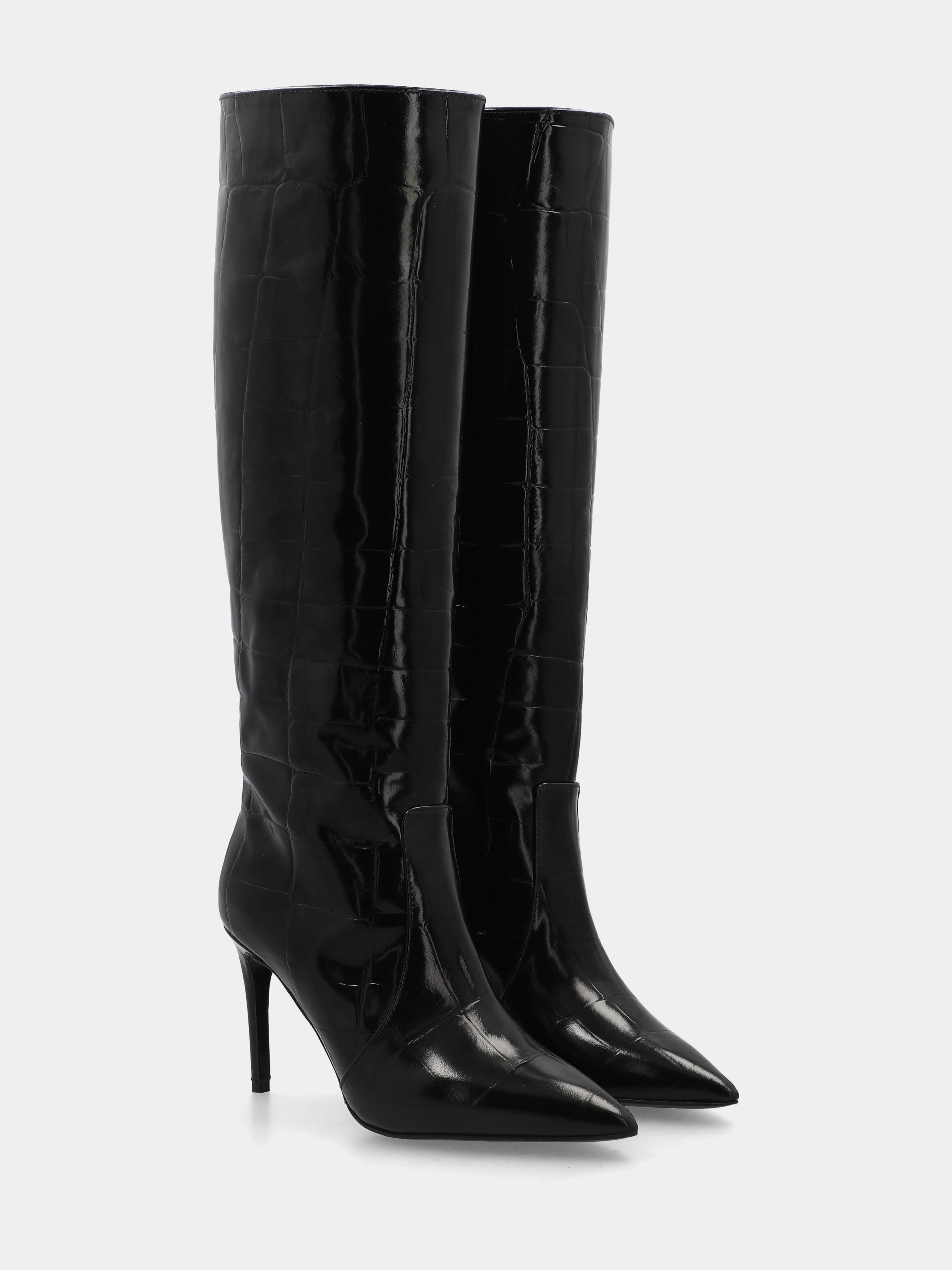 Botte en veau crocodile noir avec talon aiguille 90 mm en queue