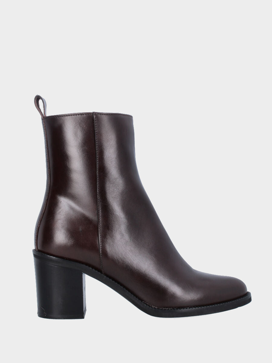 Dark brown calf leather ankle boot with high heel and pointed toe