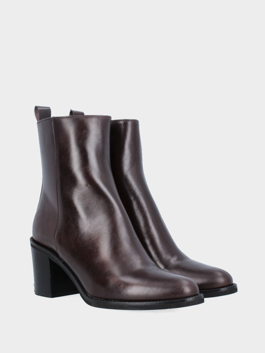 Dark brown calf leather ankle boot with high heel and pointed toe