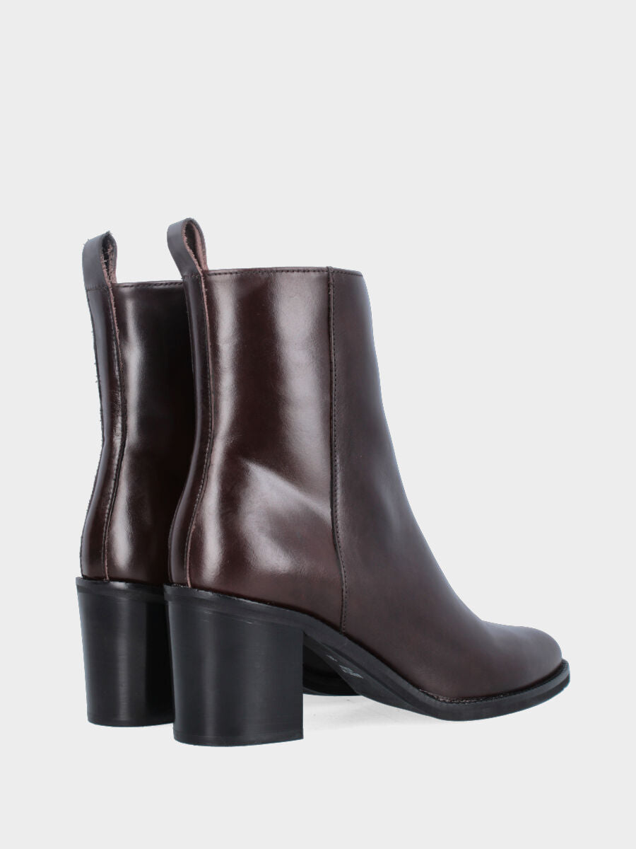 Dark brown calf leather ankle boot with high heel and pointed toe
