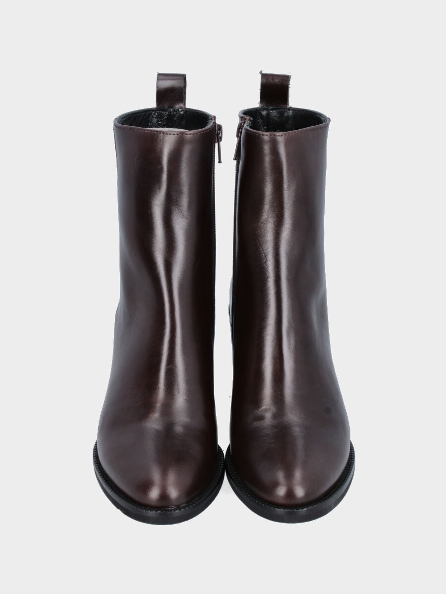Dark brown calf leather ankle boot with high heel and pointed toe