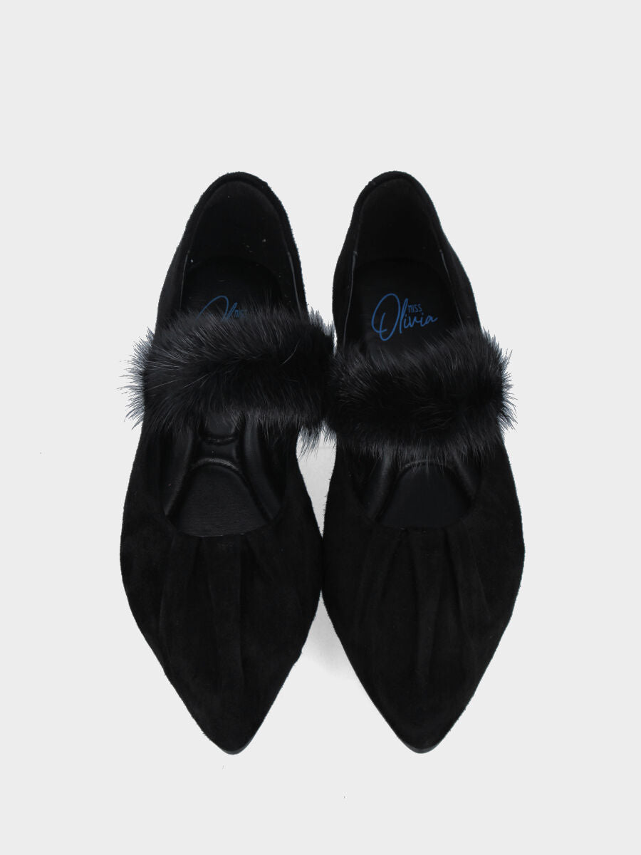 Ballerina Mary Jane in camoscio nero con cinturino in visone