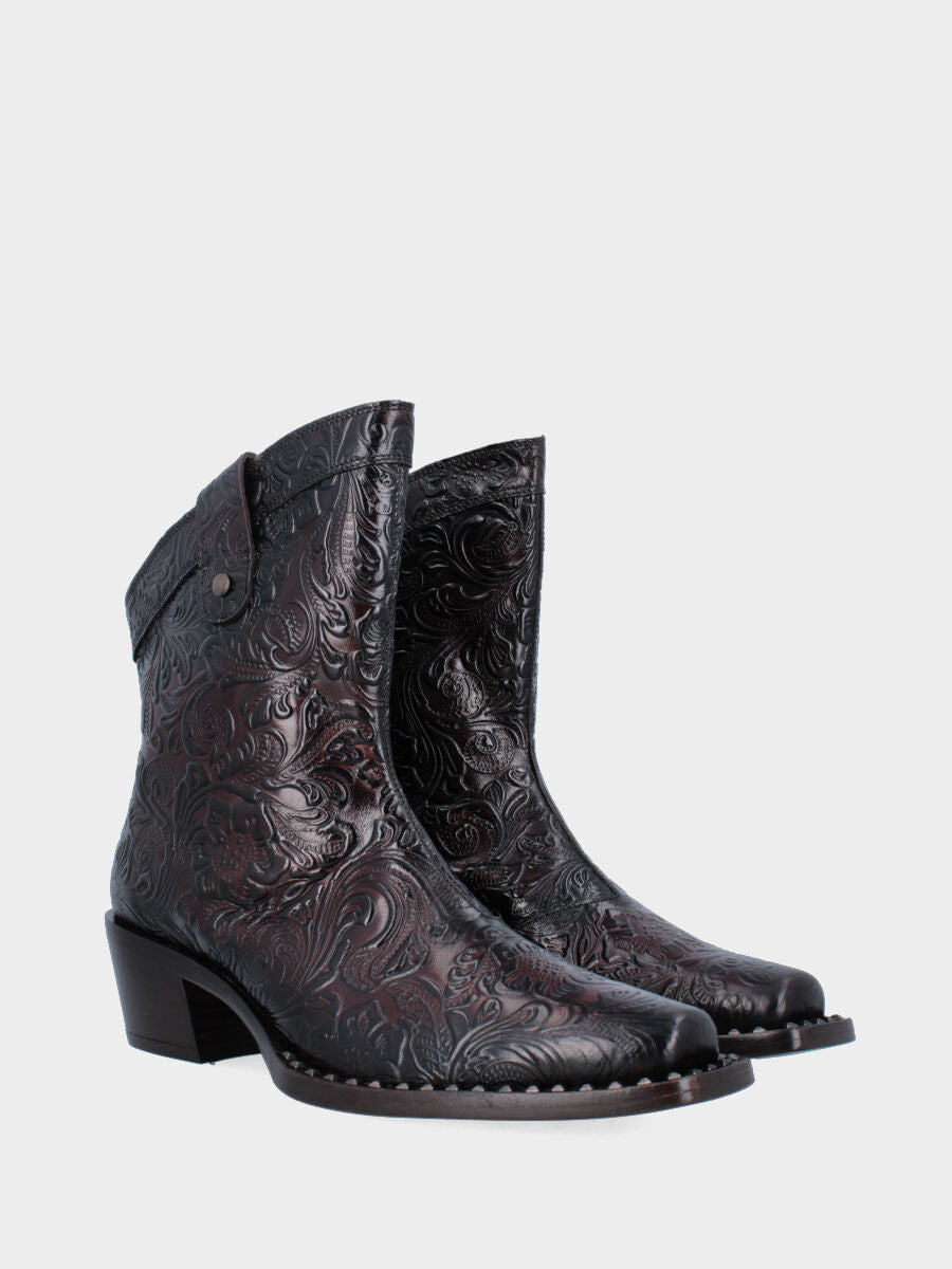 Cowboystiefel Stiefeletten aus Kalbsleder in Dunkelbraun mit Blumenmuster und Nieten