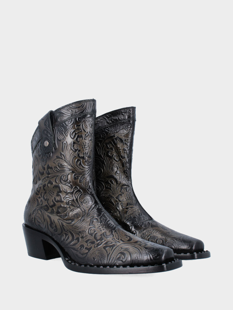 Bottes western à tige courte en veau anthracite avec imprimé floral et clous