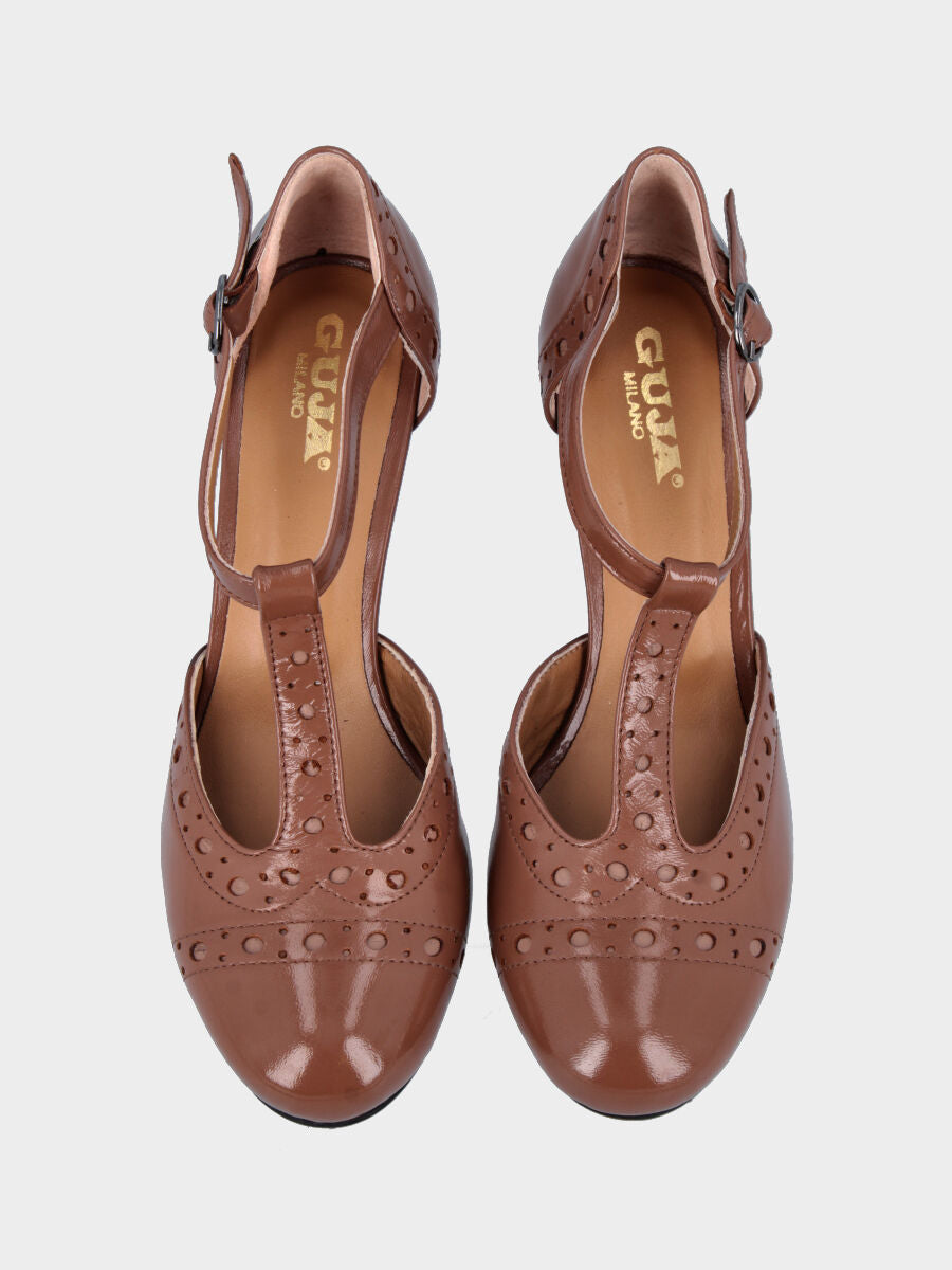 Brown patent leather T-bar pumps with round toe and spool heel