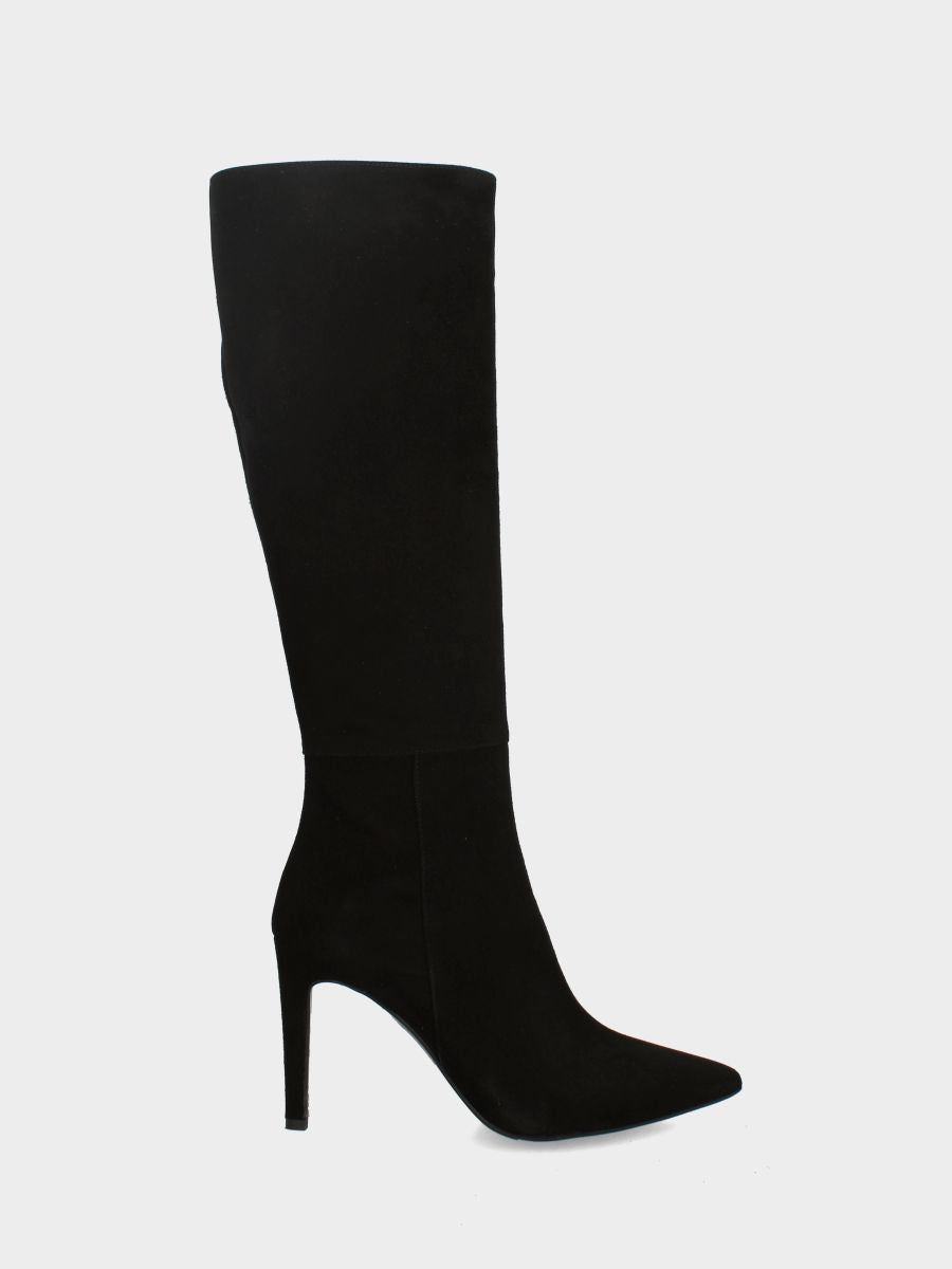 Schwarzer Wildlederstiefel mit 100 mm Stilettoabsatz in Pfotenform