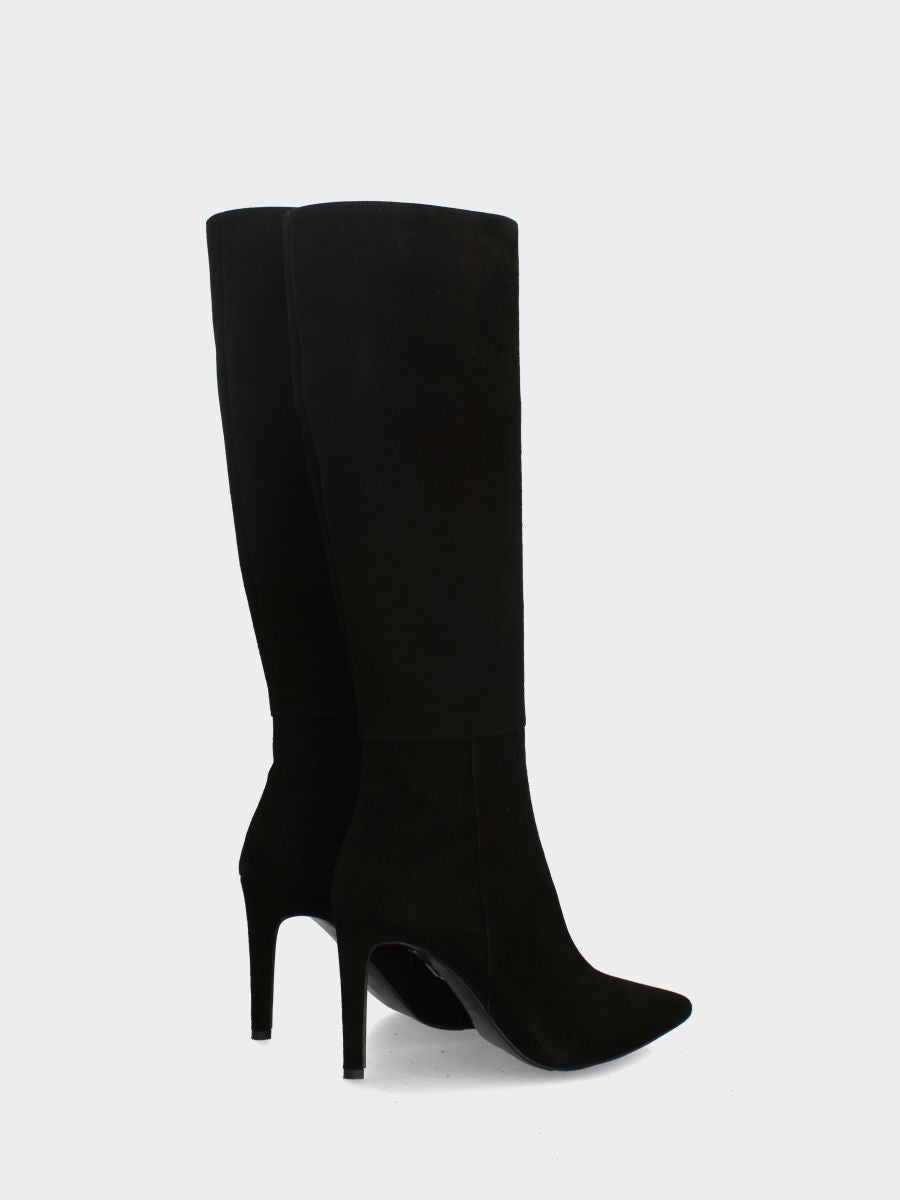 Schwarzer Wildlederstiefel mit 100 mm Stilettoabsatz in Pfotenform