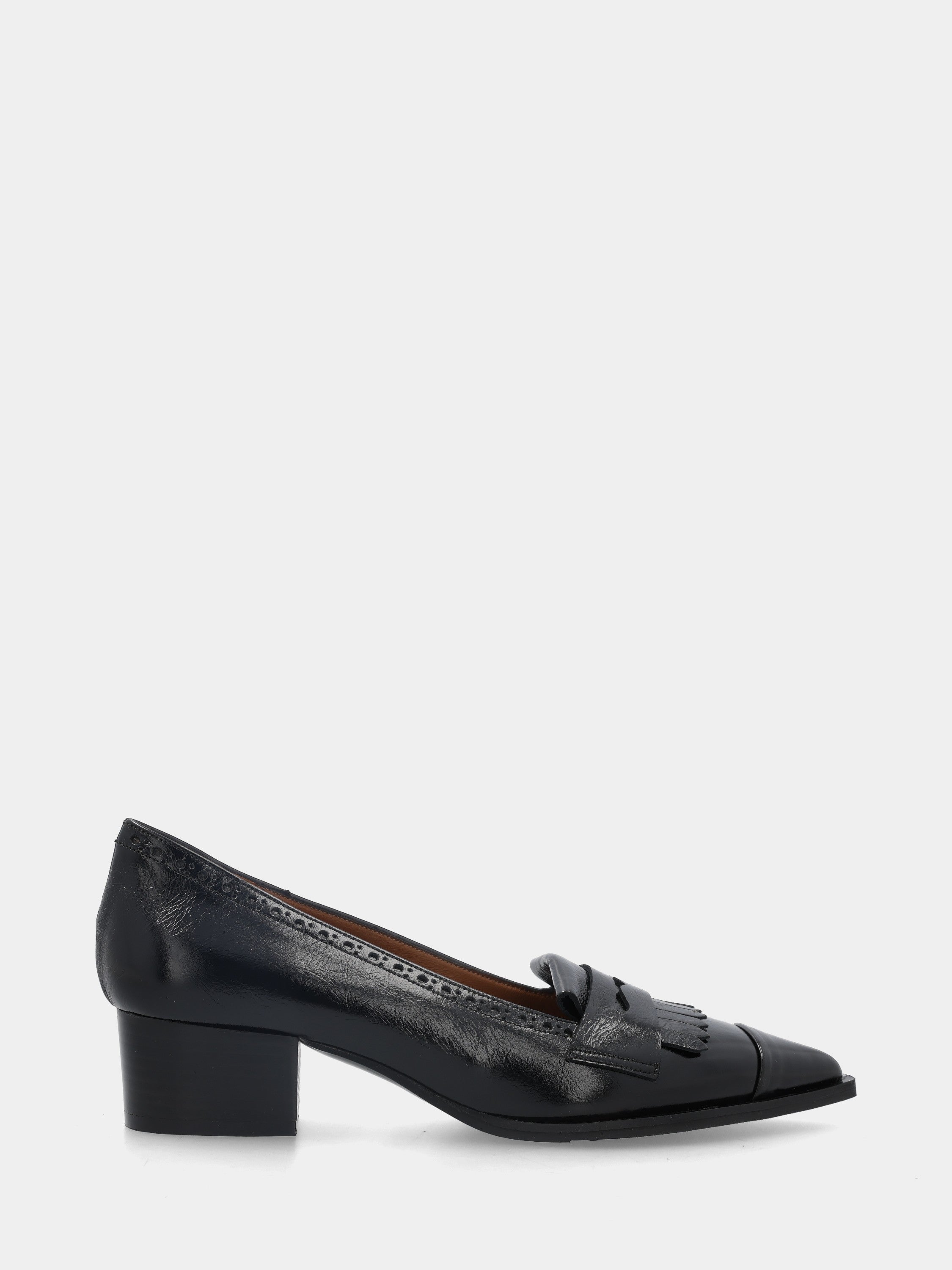 Mocassin en naplak noir avec frange, masque et talon bloc