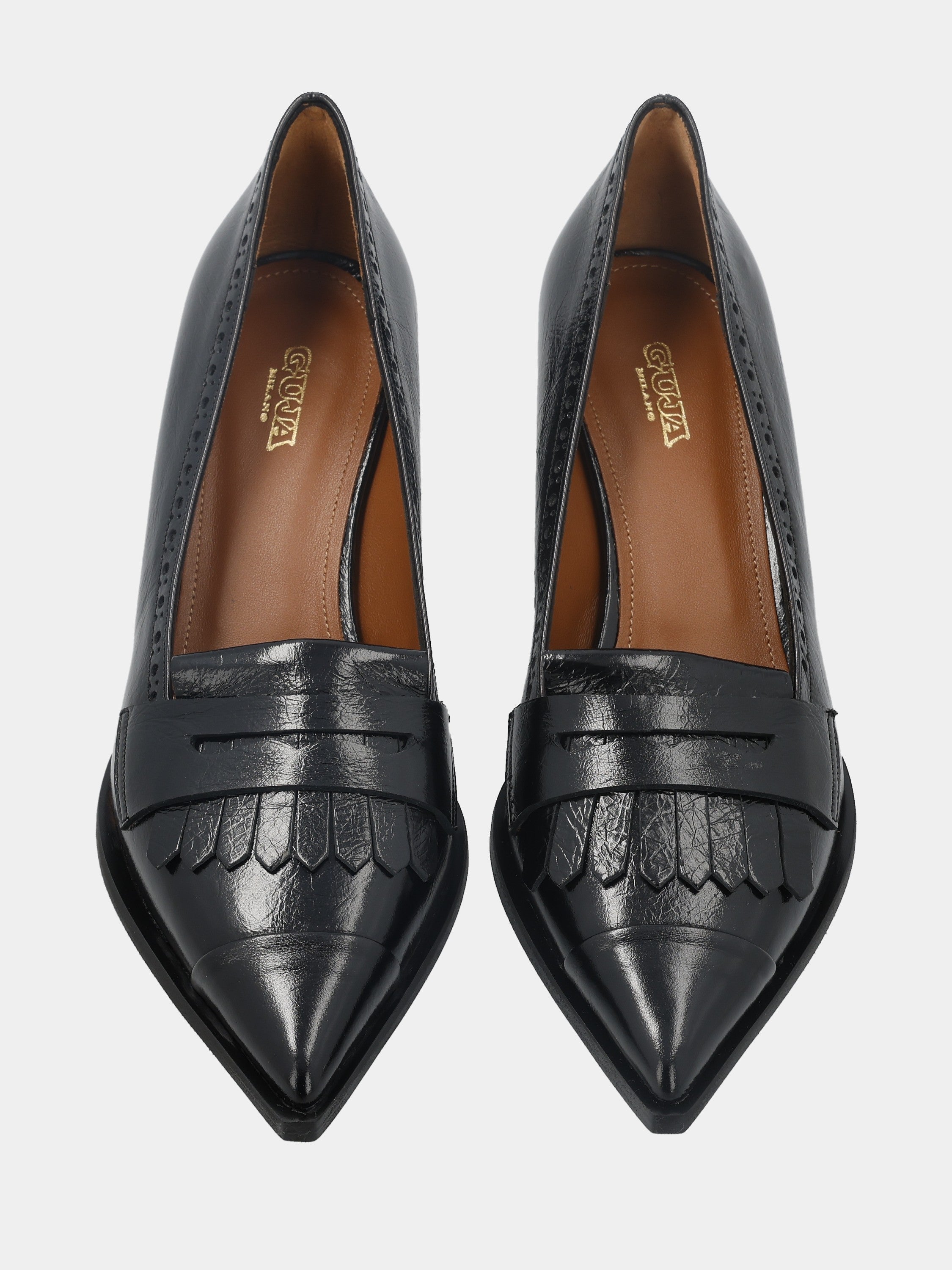 Mocassin en naplak noir avec frange, masque et talon bloc
