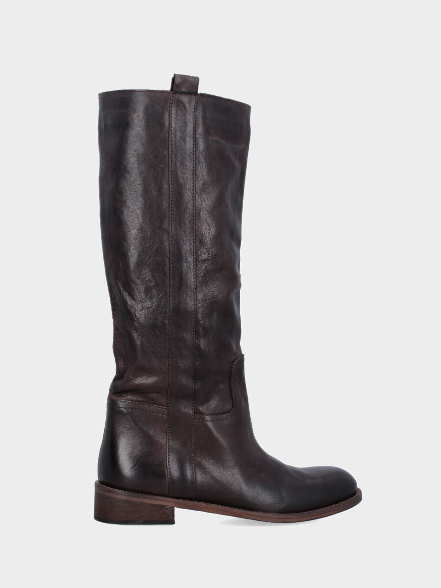 Calf leather dark brown tube boot with side strap and low heel