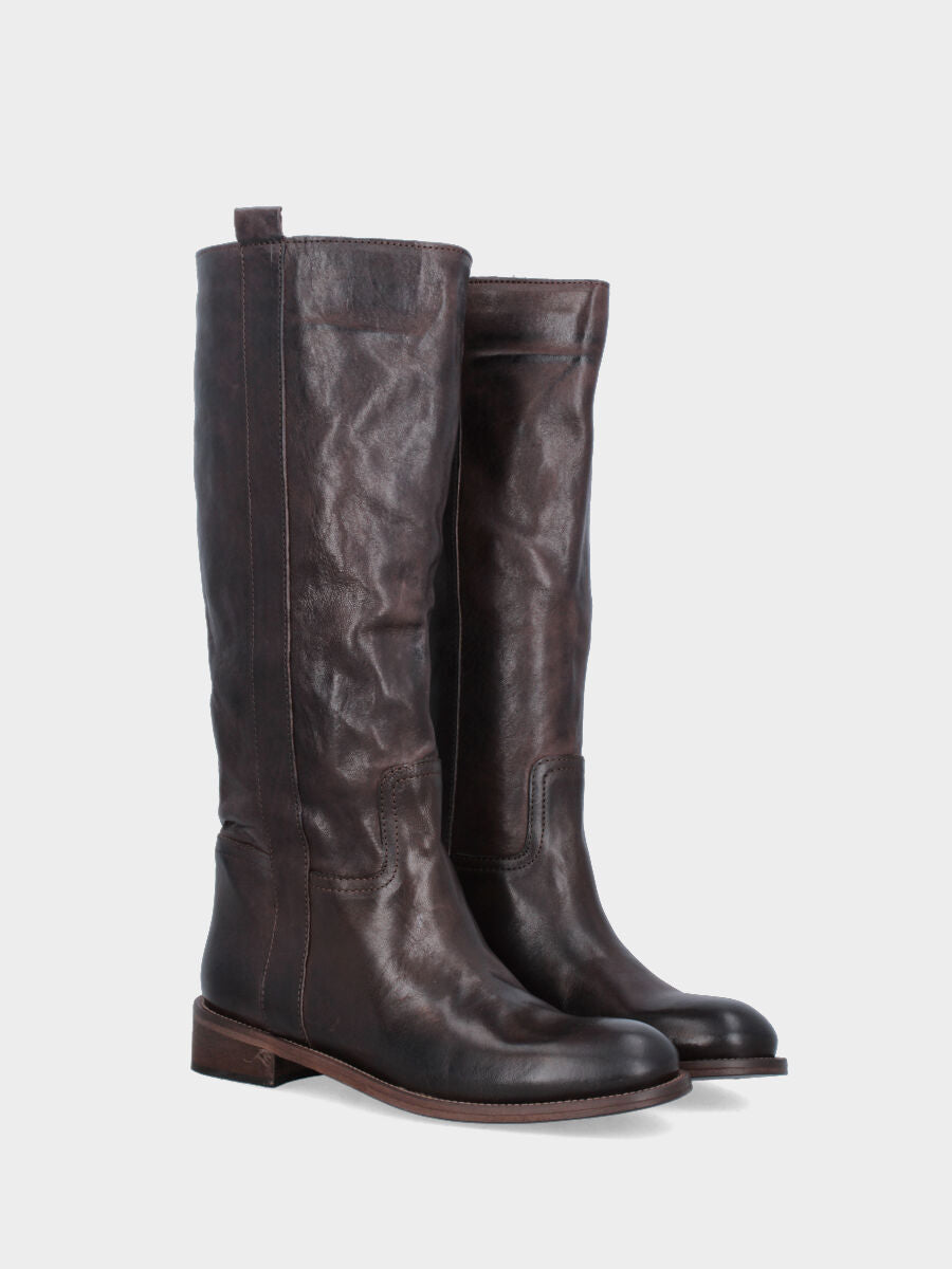 Calf leather dark brown tube boot with side strap and low heel