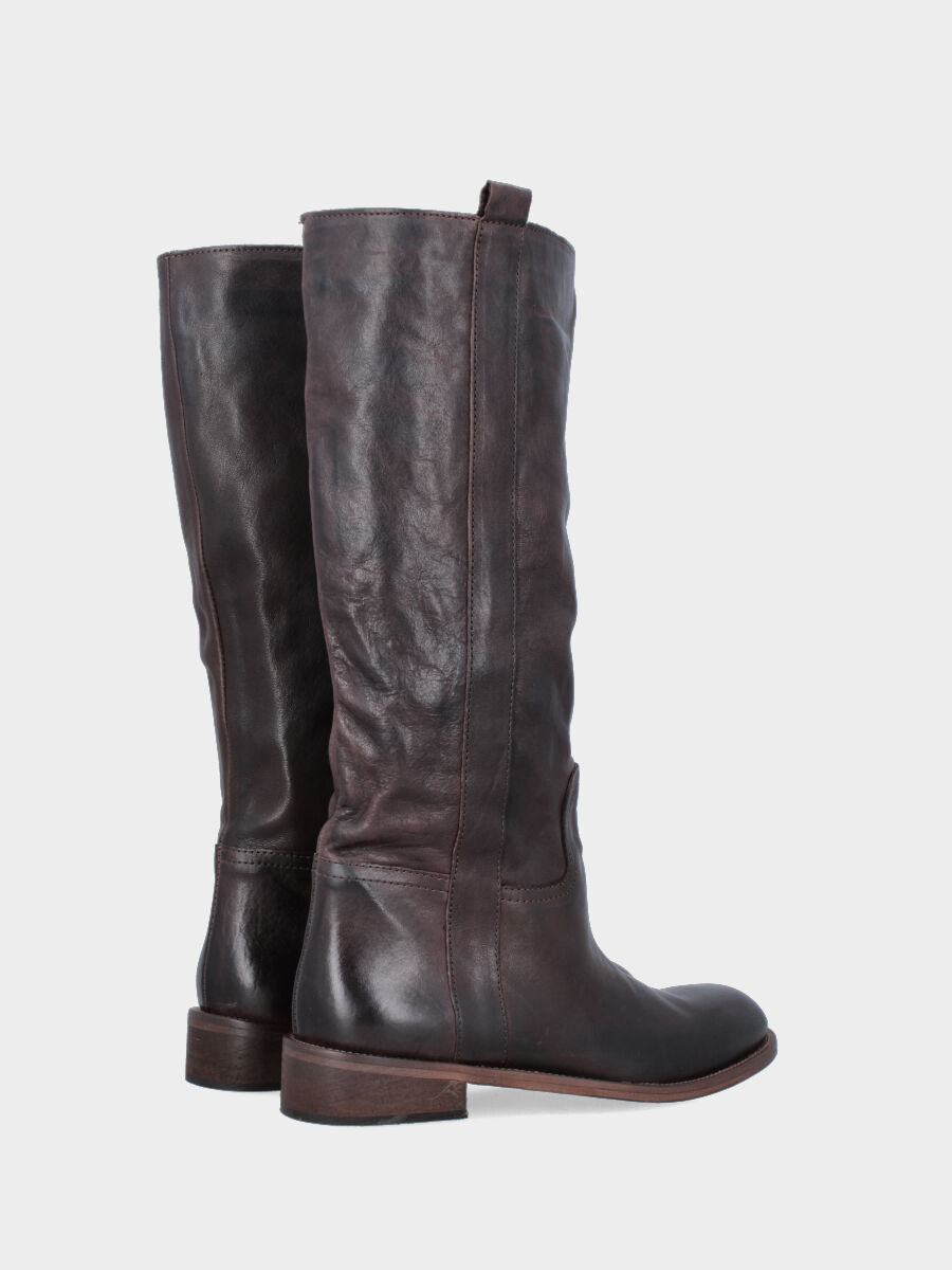 Calf leather dark brown tube boot with side strap and low heel