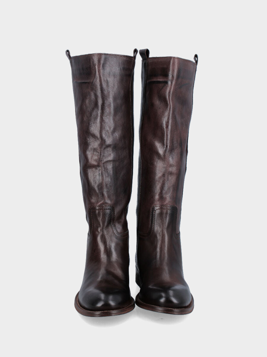 Calf leather dark brown tube boot with side strap and low heel