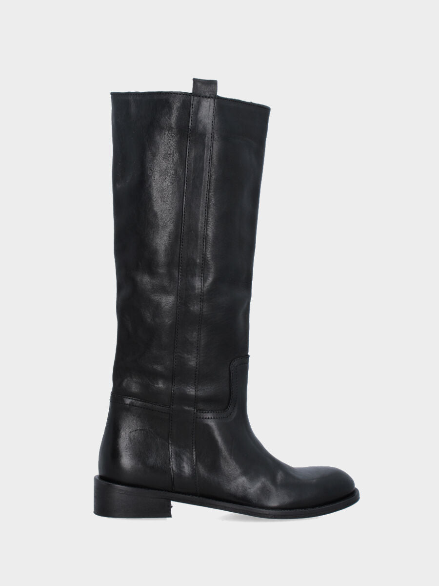 Black calf leather tube boot with side strap and low heel