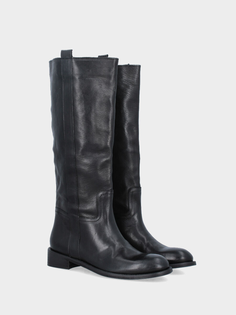 Black calf leather tube boot with side strap and low heel
