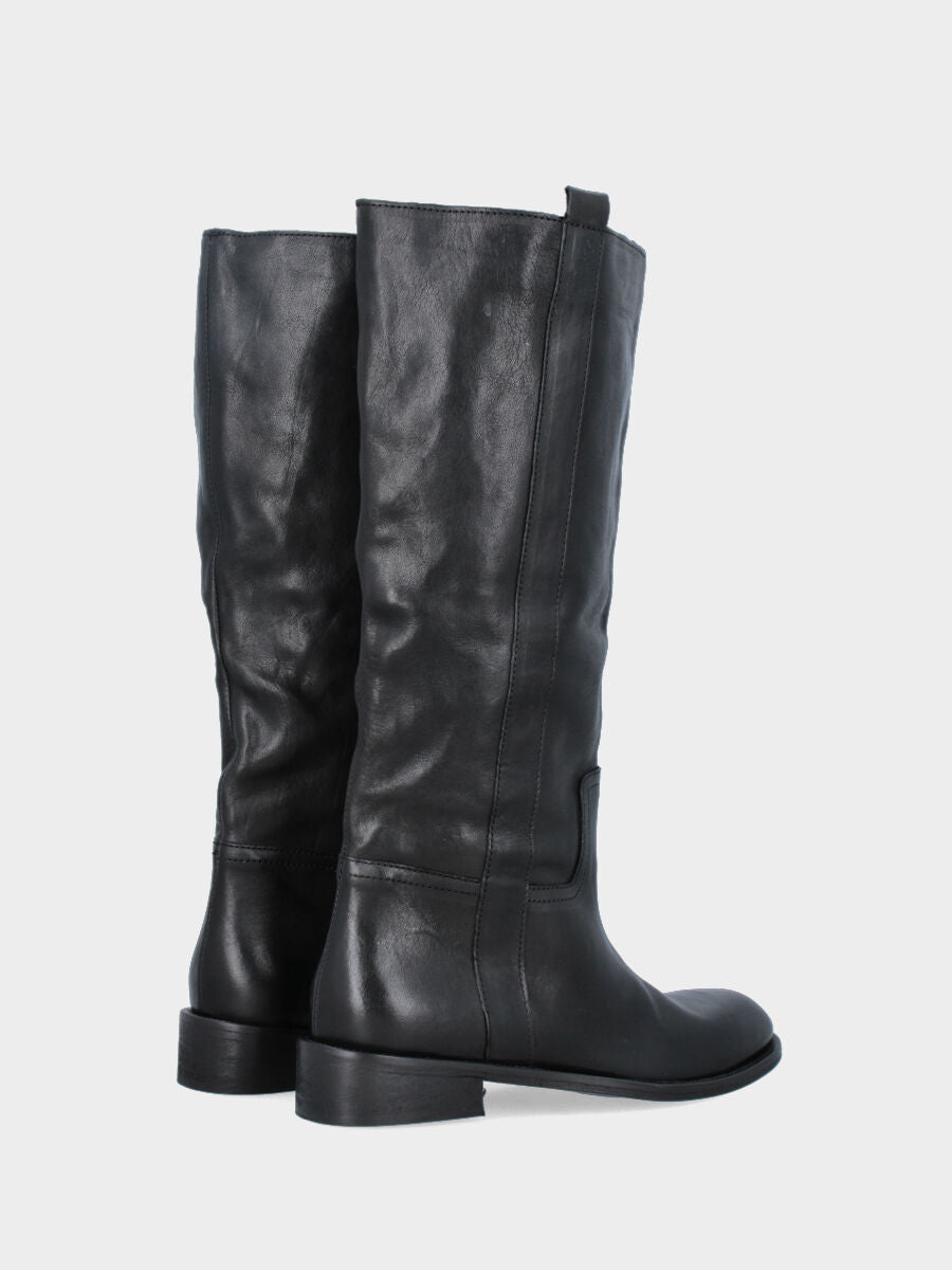 Black calf leather tube boot with side strap and low heel