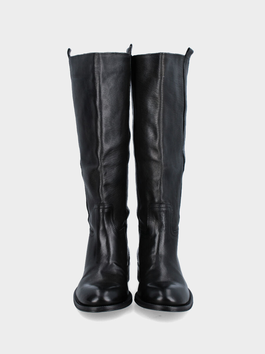 Black calf leather tube boot with side strap and low heel