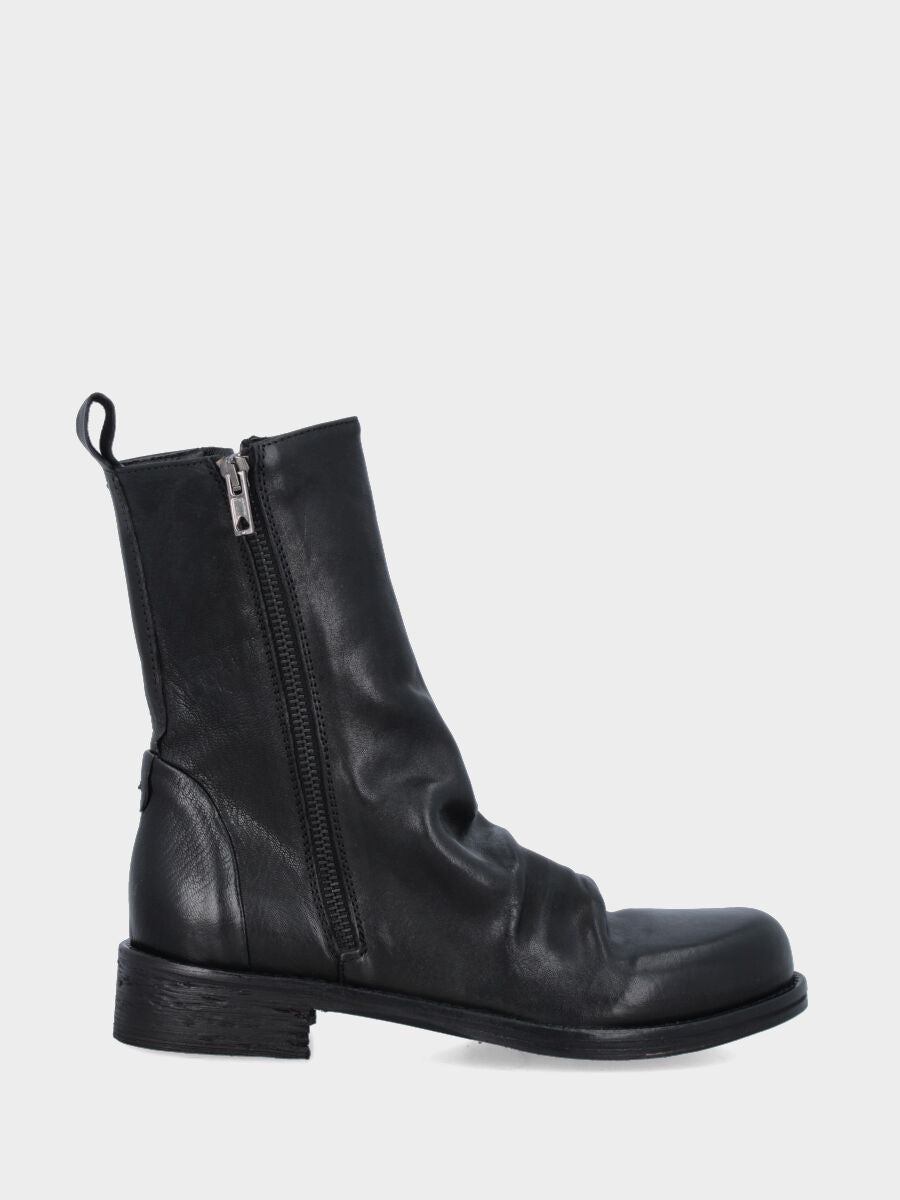 Black calfskin ankle boot with embossing on the collar and low heel