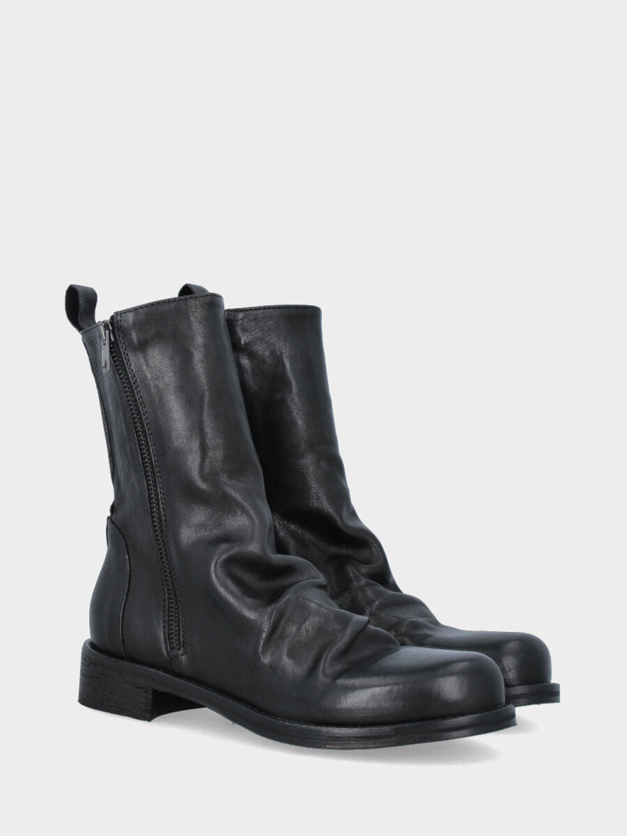 Black calfskin ankle boot with embossing on the collar and low heel