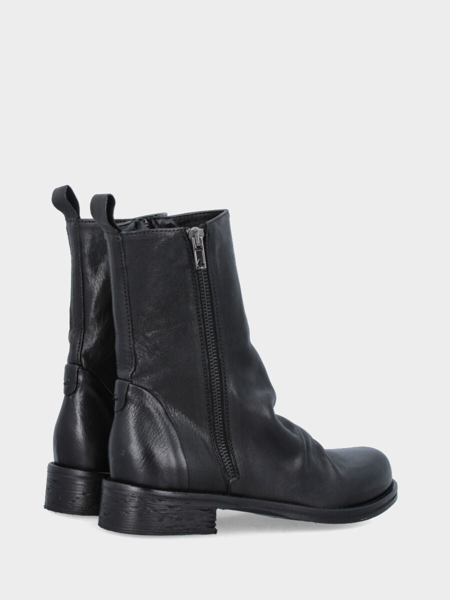 Black calfskin ankle boot with embossing on the collar and low heel