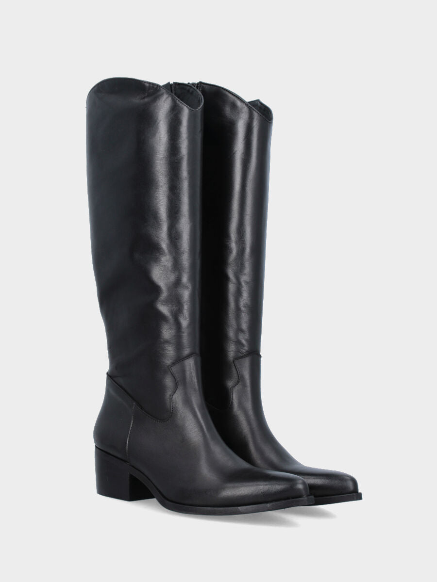 Bottes western à bottes en veau noir avec bout effilé et talon moyen