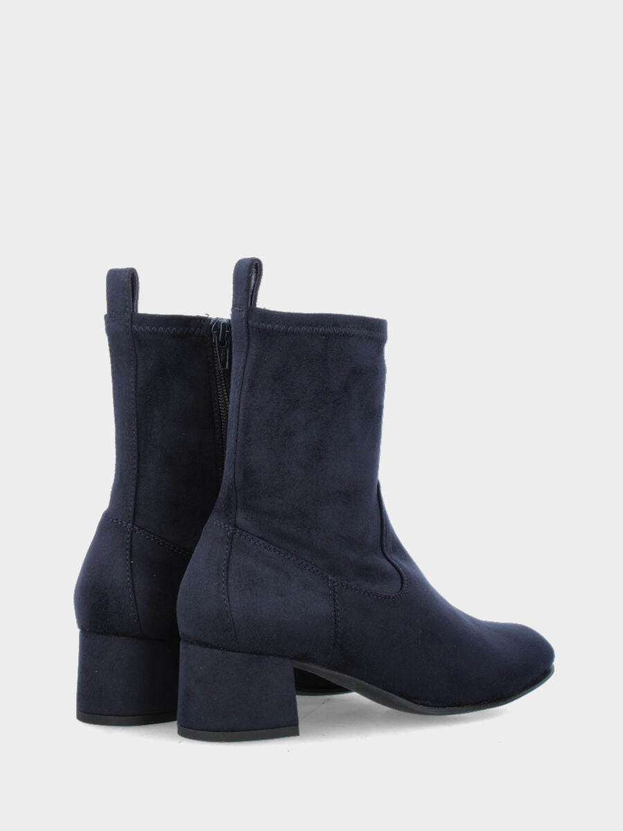 Stivaletto in tessuto elasticizzato blu con tacco medio e cerniera laterale