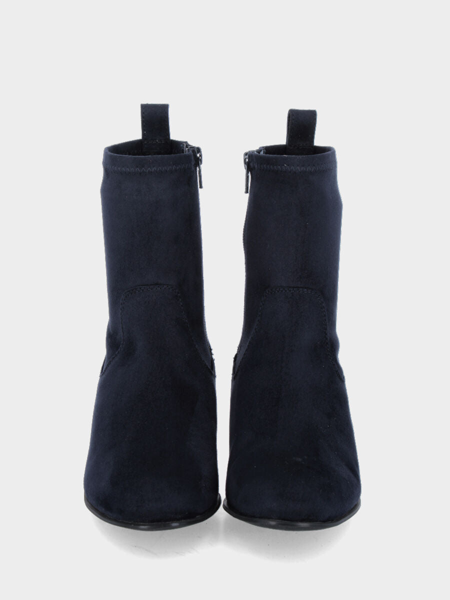 Stivaletto in tessuto elasticizzato blu con tacco medio e cerniera laterale