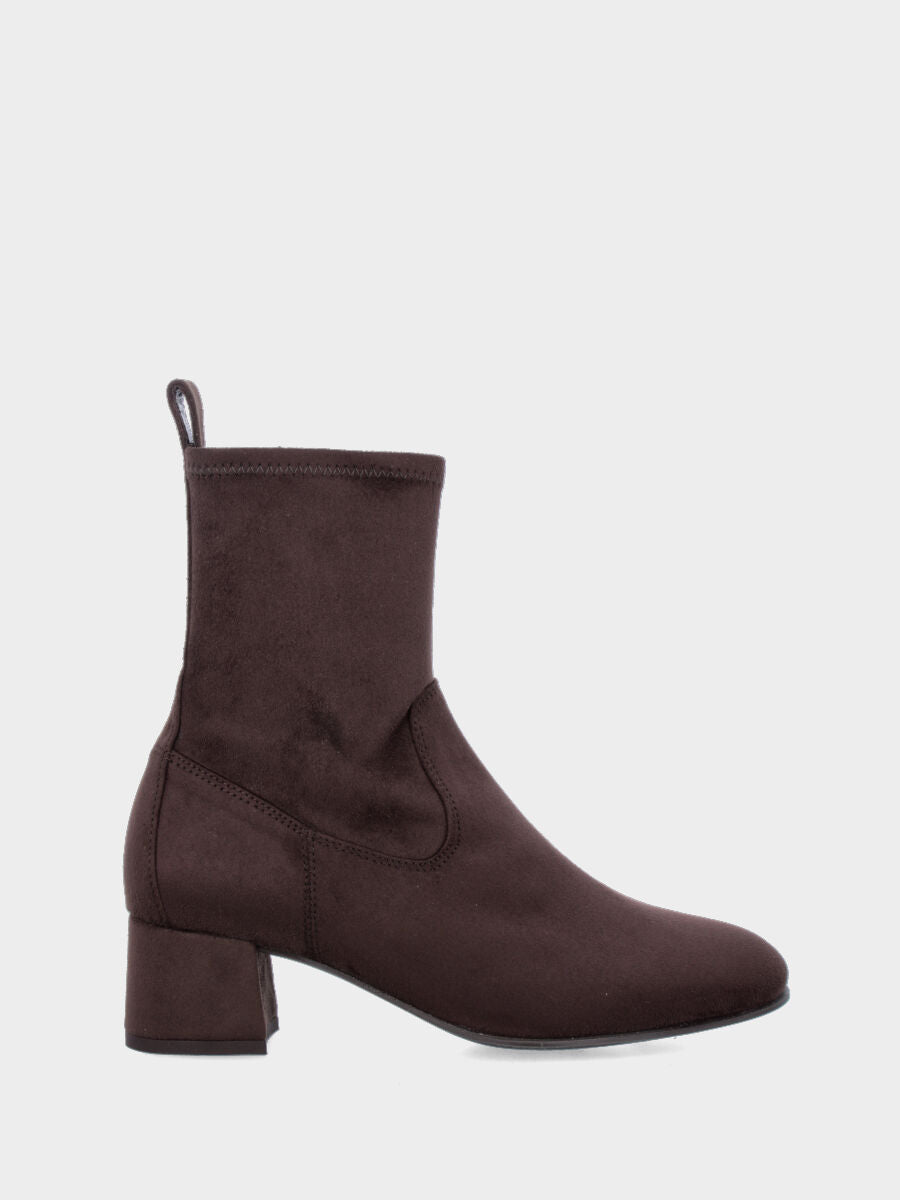 Bottine en tissu extensible marron foncé avec talon moyen et fermeture éclair latérale