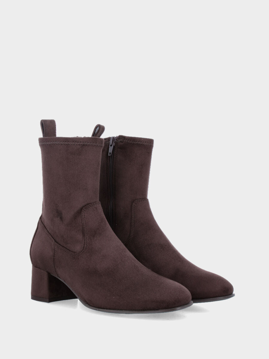 Bottine en tissu extensible marron foncé avec talon moyen et fermeture éclair latérale