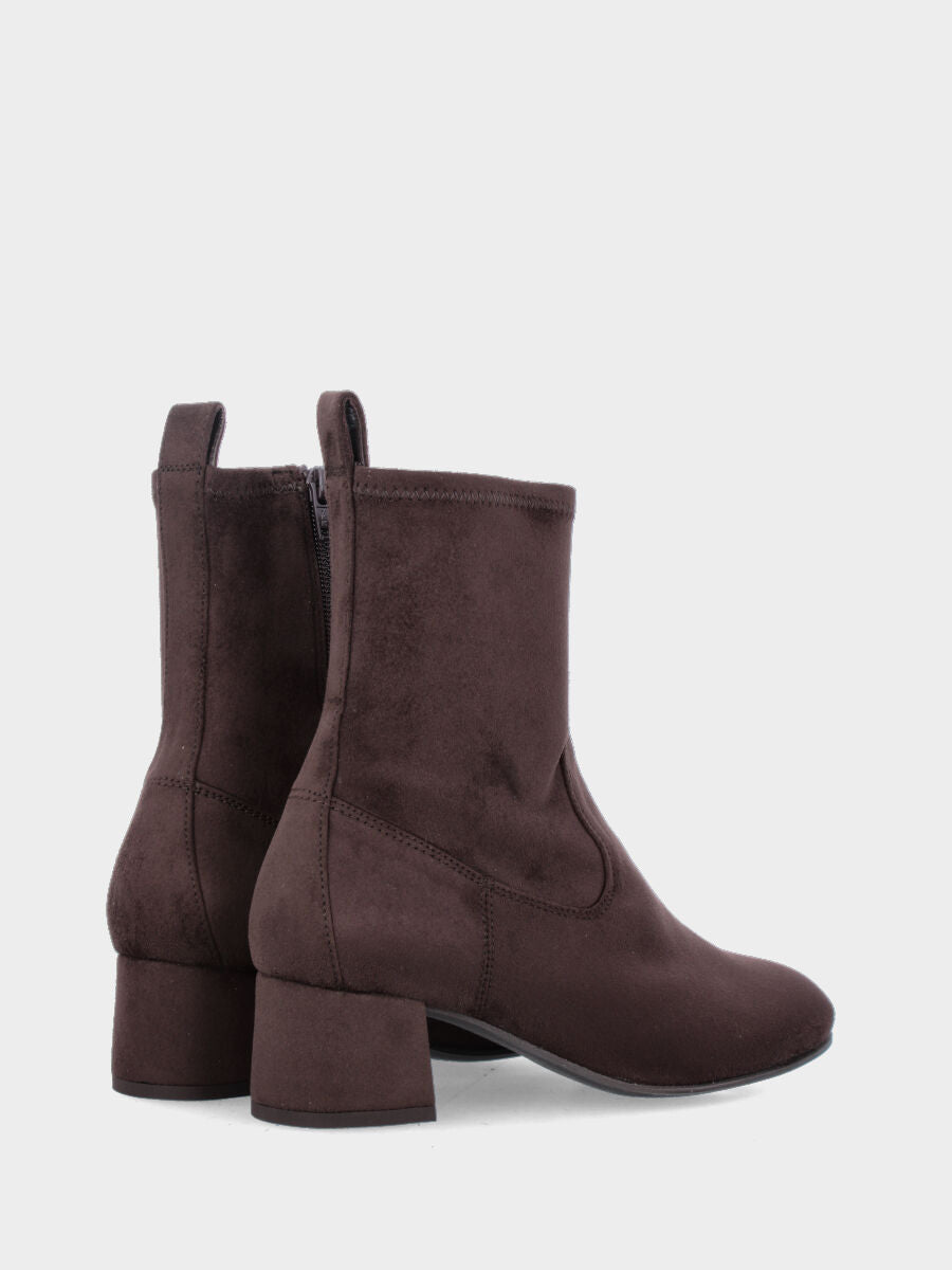 Bottine en tissu extensible marron foncé avec talon moyen et fermeture éclair latérale
