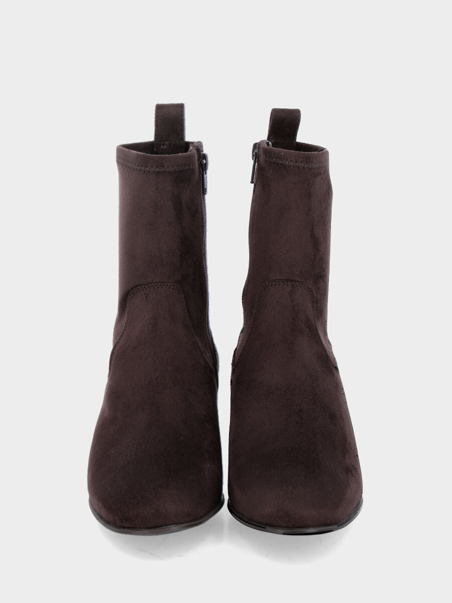 Bottine en tissu extensible marron foncé avec talon moyen et fermeture éclair latérale