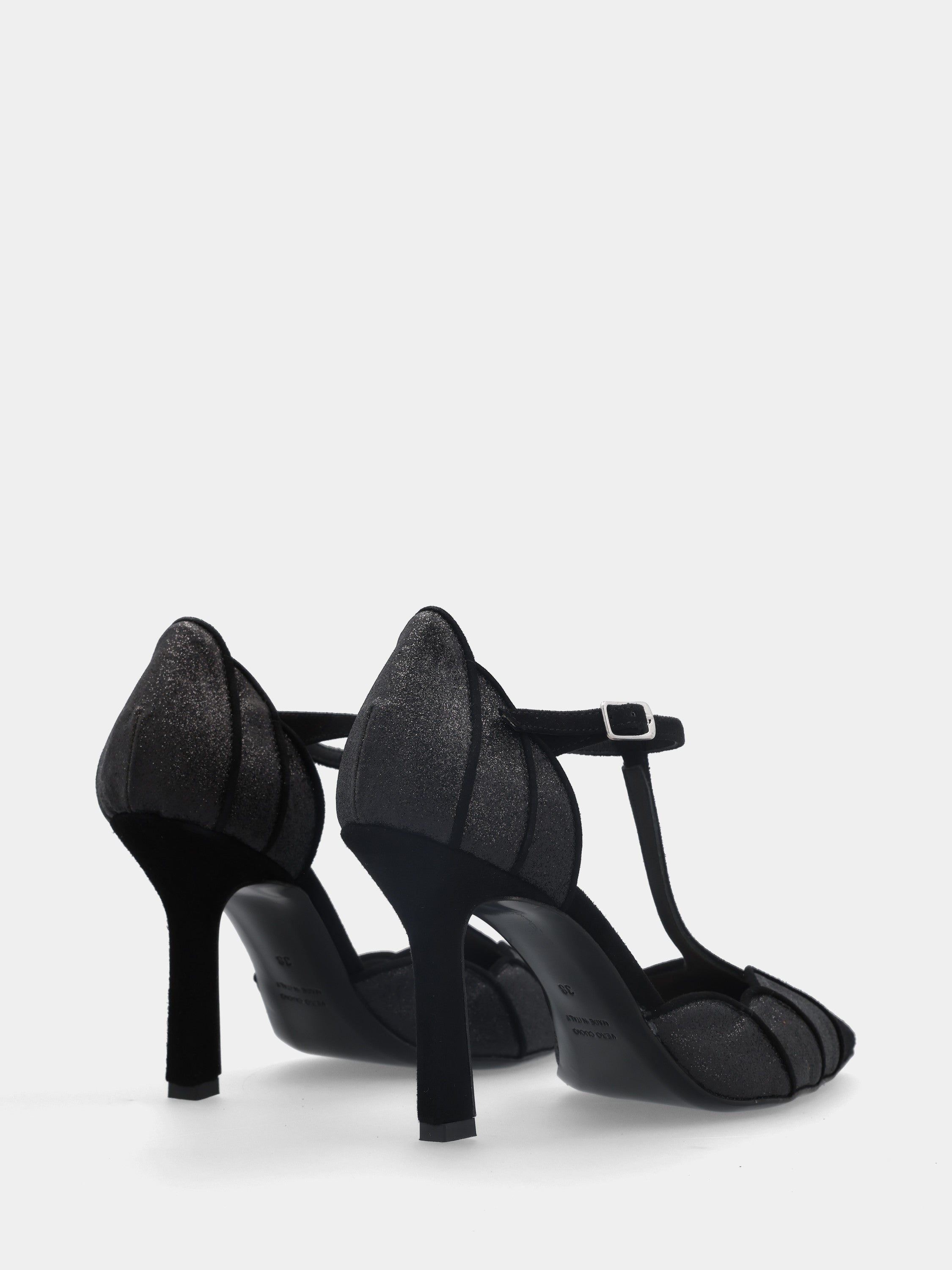 Black suede T-bar pumps with stiletto heel and glitter paneled upper