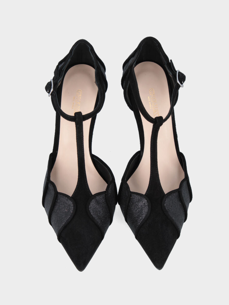 Décolleté T-bar in camoscio nero con tacco a coda e tomaia glitter a spicchi