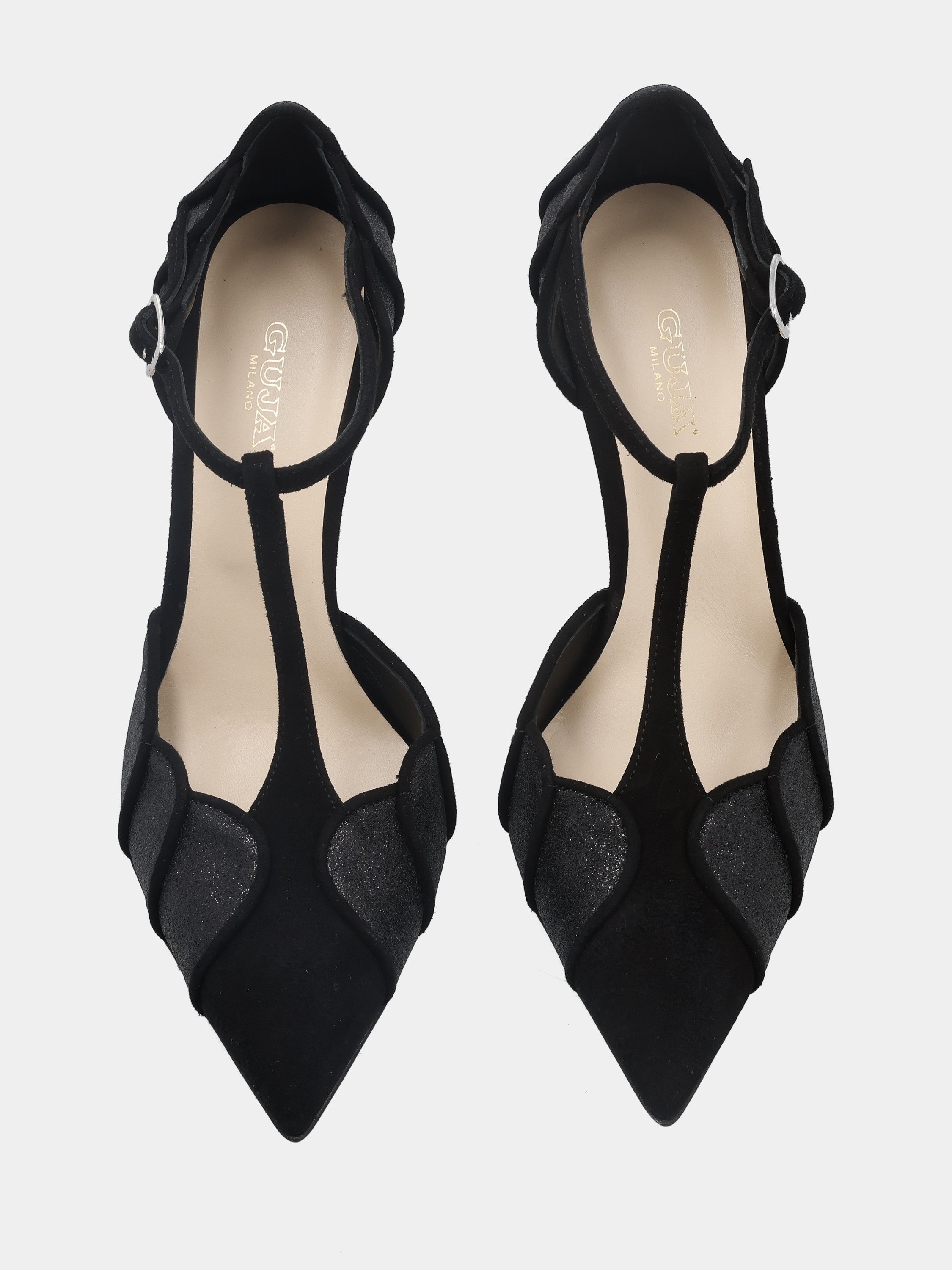 Black suede T-bar pumps with stiletto heel and glitter paneled upper