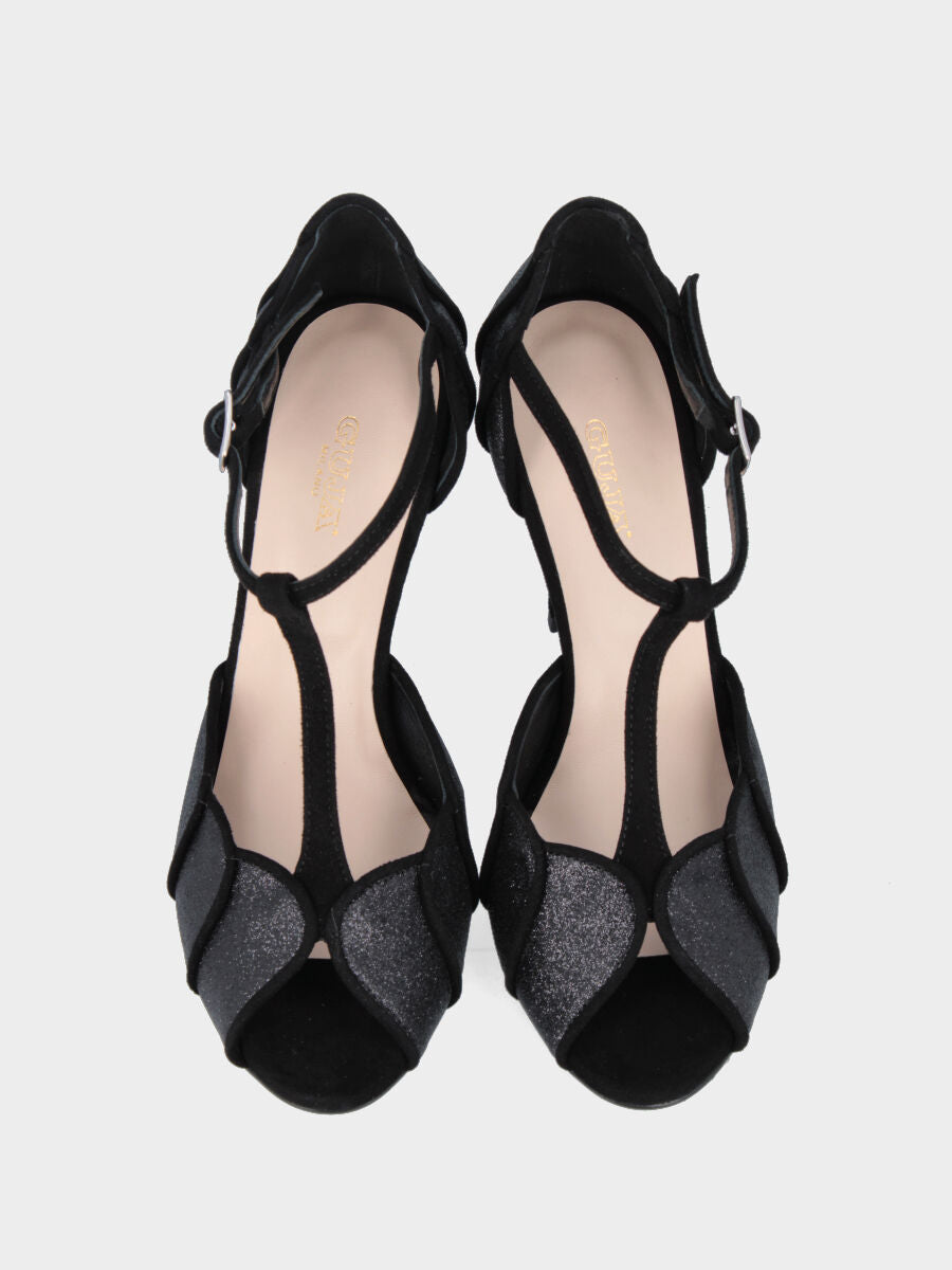 Sandalo T-bar in camoscio nero con tacco a coda e tomaia glitterata