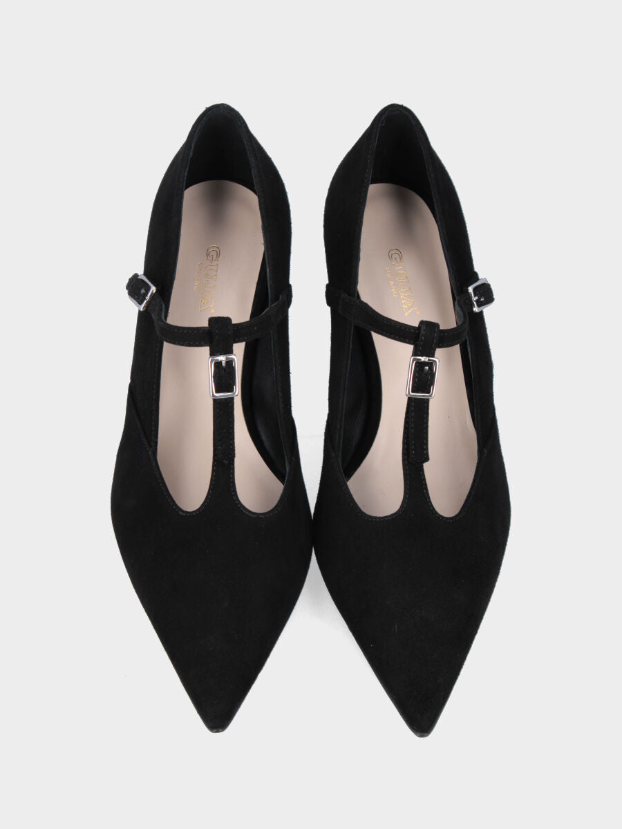 Décolleté in camoscio nero con cinturini e tacco conico 50mm