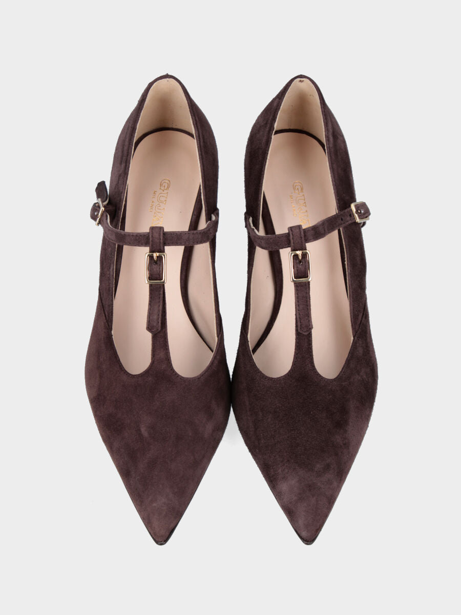 Décolleté in camoscio testa di moro con cinturini e tacco conico 50mm