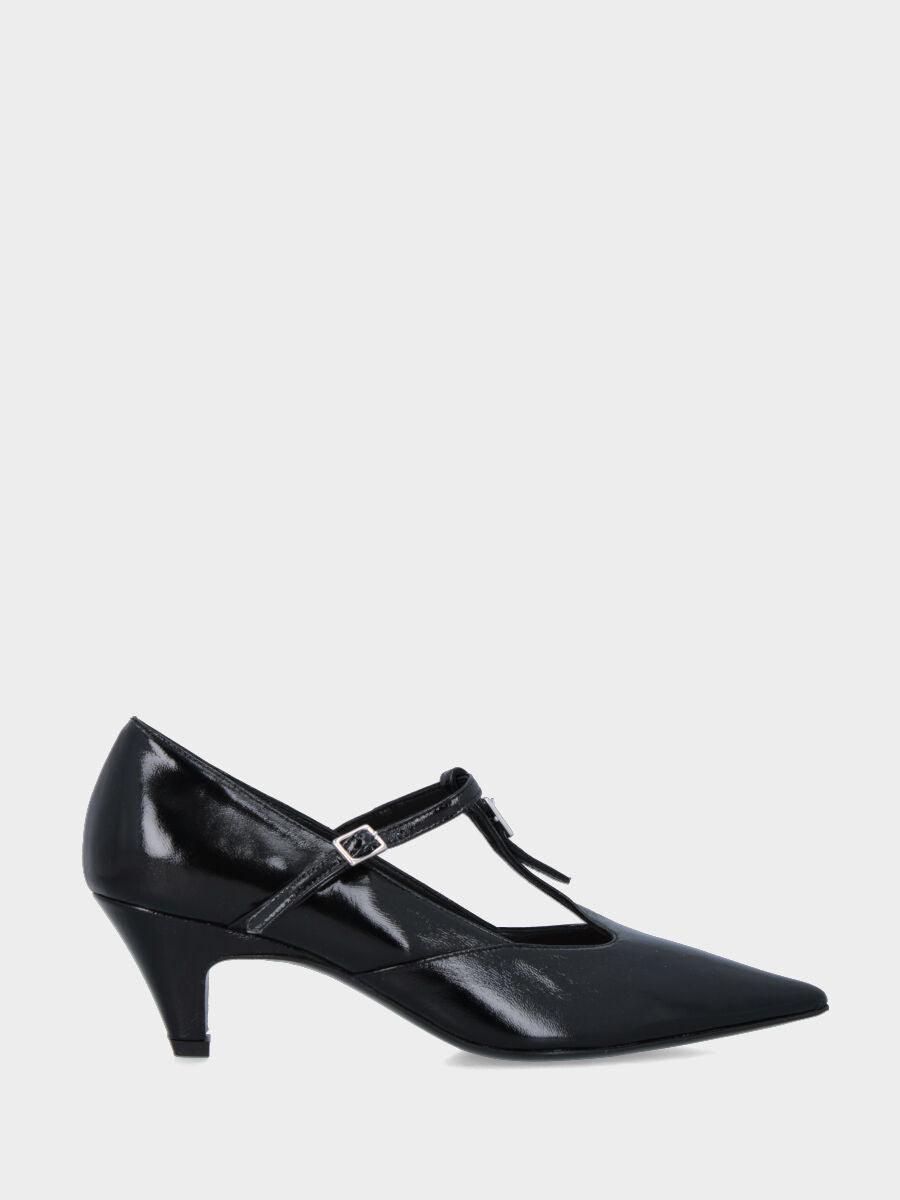 Décolleté in verlux nero con cinturini e tacco conico 50mm