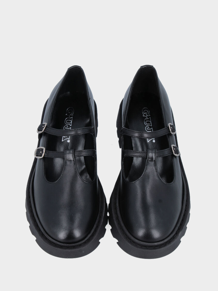 Ballerina Mary Jane in nappa nera con doppio cinturino e platform