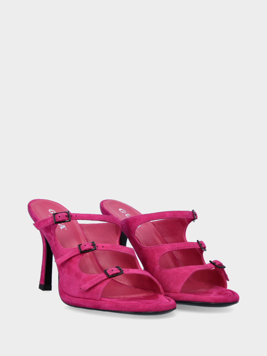 Sandale sabot à talon fuchsia en cuir avec brides