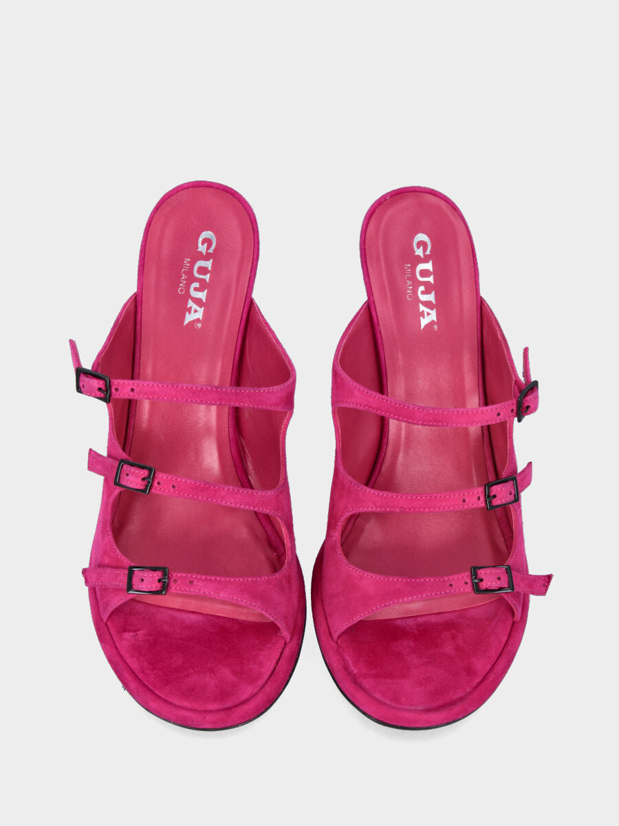 Sandale sabot à talon fuchsia en cuir avec brides