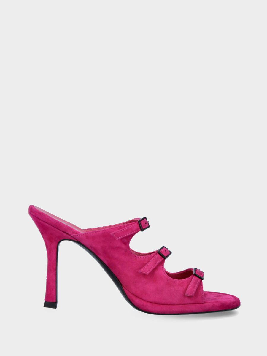 Sandale sabot à talon fuchsia en cuir avec brides