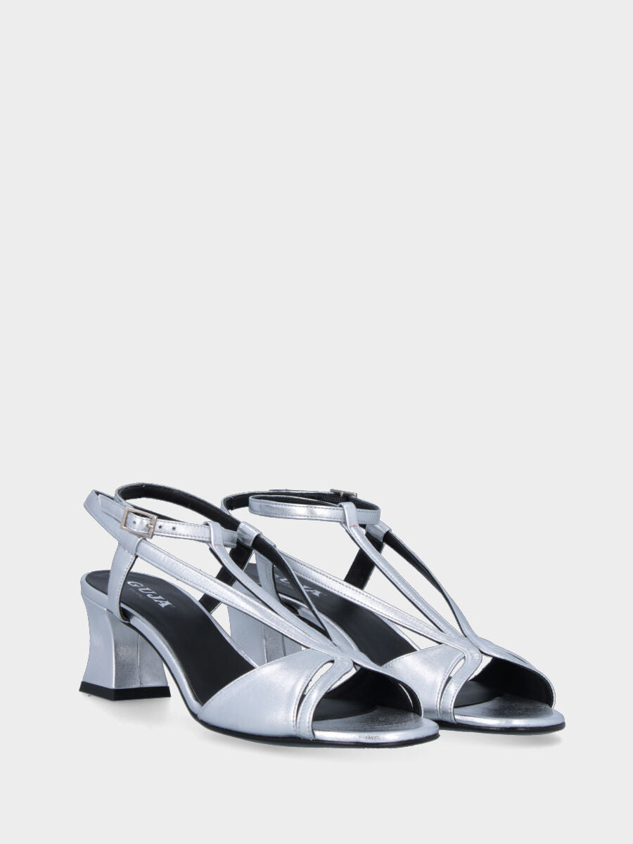 Silver laminated heeled sandal with strappy upper