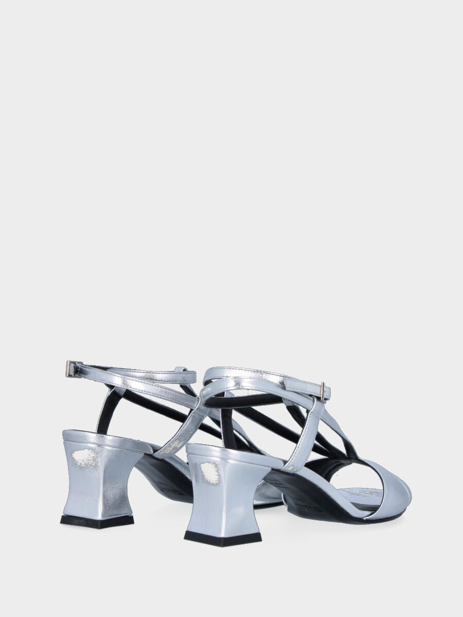 Silver laminated heeled sandal with strappy upper